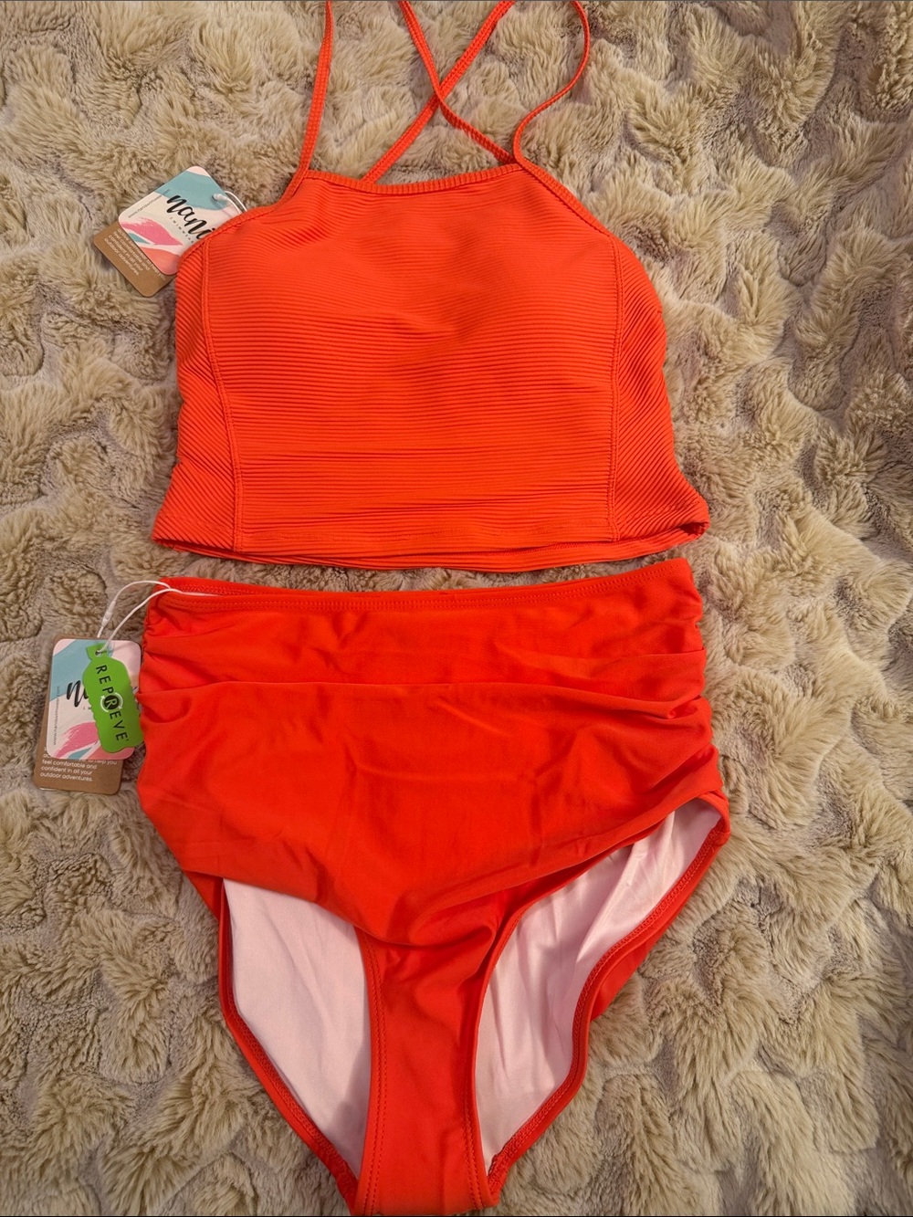 NWT S Nani Textured Midkini with Ruched High Rise Bottom Color: Stella